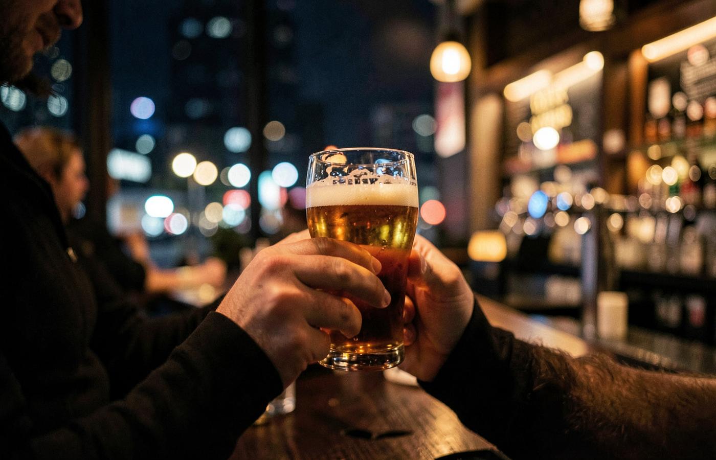 Two people toasting beer glasses in a modern city taproom at night
