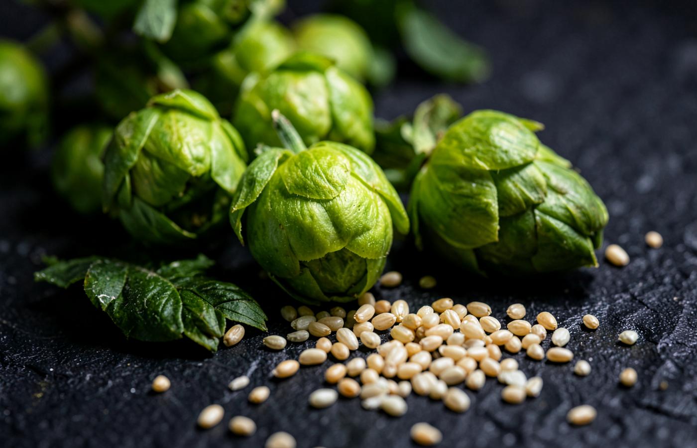 Fresh hop cones and pale barley grain on dark stone